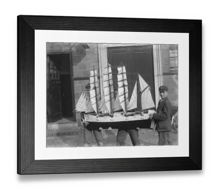 Framed Print : Boys hold up a model sailing ship at the handicraft exhibition in Dartford, Kent Framed Print : Boys hold up a model sailing ship at the handicraft exhibition in Dartford, Kent