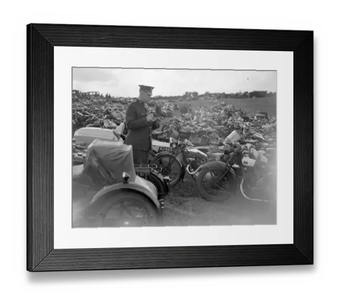 Framed Print : Brands Hatch near Swanley, Kent. A policeman searches for stolen motorbikes. 1933 Framed Print : Brands Hatch near Swanley, Kent. A policeman searches for stolen motorbikes. 1933