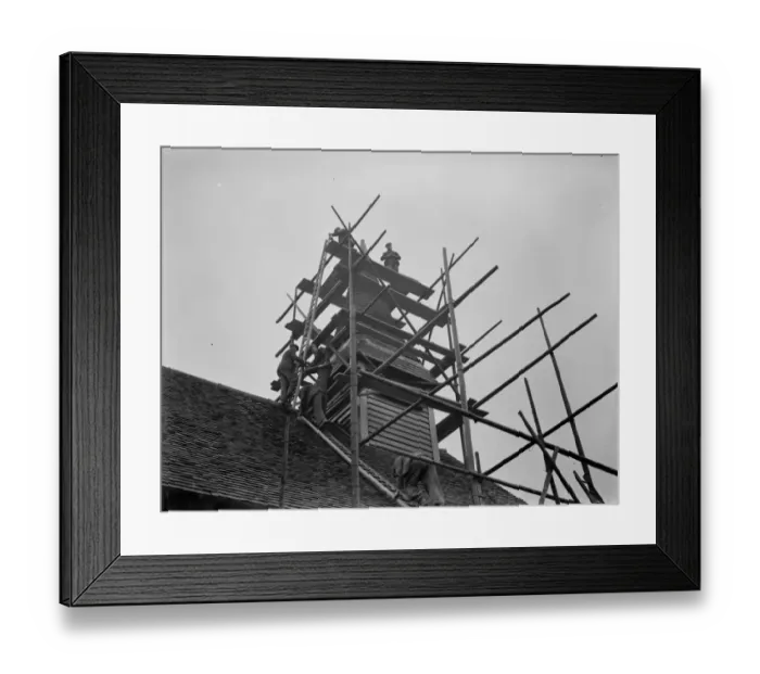 Framed Print : Repairing the spire at Hartley Parish Church in Foots Cray, Kent 1937 Framed Print : Repairing the spire at Hartley Parish Church in Foots Cray, Kent 1937