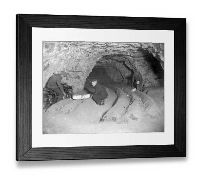Framed Print : Motorcycle in caves at Chislehurst, Kent. Mushroom growing. 1934
