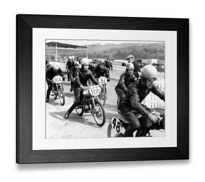 Framed Print : Female motorcyclist, Brenda Bound, in full leathers at a local race meeting, Kent