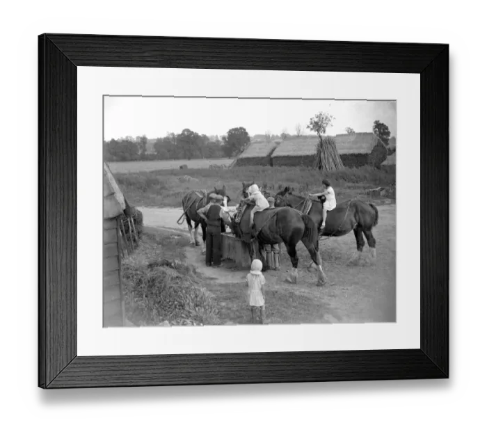 Framed Print : Farm scene: children on horses in the evening. 1934