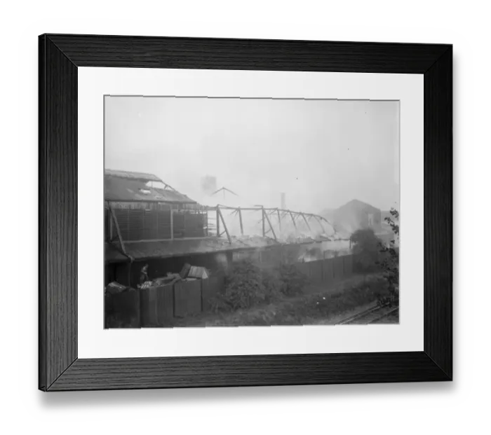 Framed Print : Fire at the the Vickers factory in Crayford, Kent. 1936 Framed Print : Fire at the the Vickers factory in Crayford, Kent. 1936