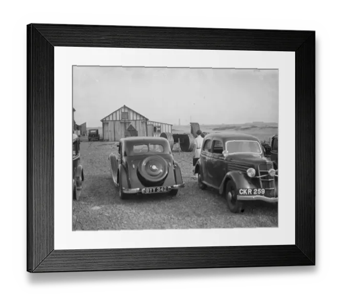 Framed Print : Cars parked on the Dungeness beach in Kent. 1936 Framed Print : Cars parked on the Dungeness beach in Kent. 1936
