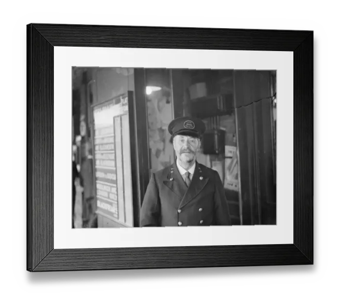 Framed Print : Fred Needham a ticket collector in Dartford, Kent. 1938