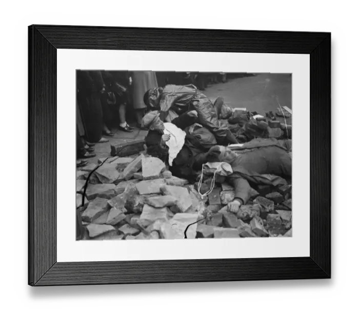 Framed Print : Air Raid Precaution exercise on Old Kent Road in London. Spectators look on as Framed Print : Air Raid Precaution exercise on Old Kent Road in London. Spectators look on as