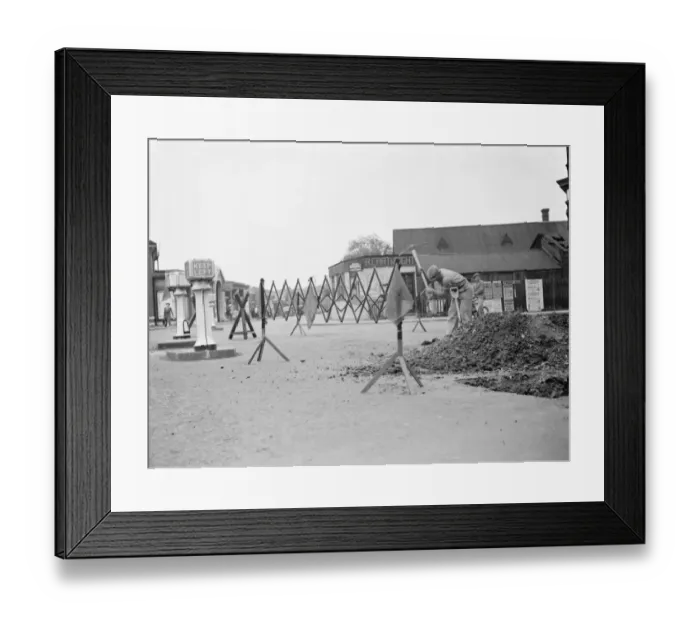 Framed Print : Road barricade for road works in Bromley, Kent. 1937 Framed Print : Road barricade for road works in Bromley, Kent. 1937