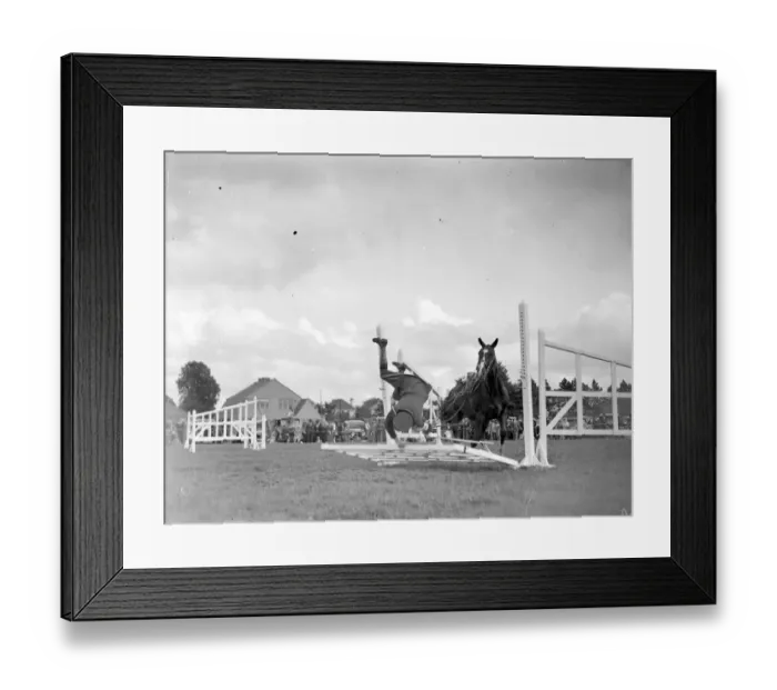 Framed Print : Show Jumping at Westerham Show Hall in Kent. A nasty fall. 1934 Framed Print : Show Jumping at Westerham Show Hall in Kent. A nasty fall. 1934