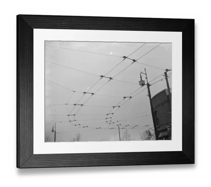 Framed Print : Overhead electrical trolleybus wires. 1937 Framed Print : Overhead electrical trolleybus wires. 1937