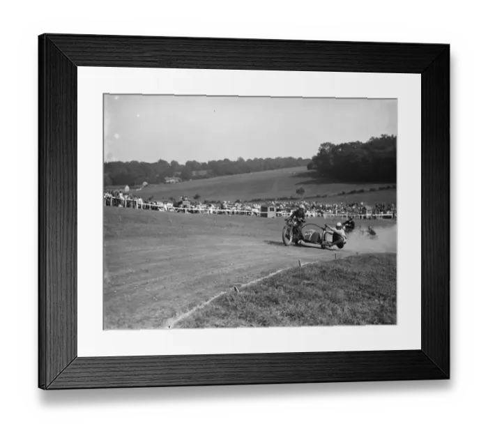 Framed Print : Motorcycling races at Brands Hatch. Two of the side car bikes jostle for position Framed Print : Motorcycling races at Brands Hatch. Two of the side car bikes jostle for position