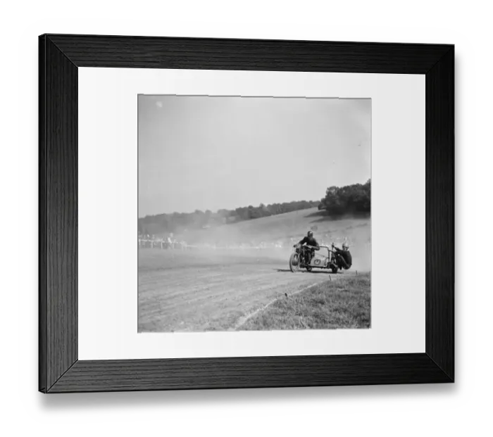 Framed Print : Motorcycle racing at Brands Hatch, Kent. A sidecar motorbike takes a corner Framed Print : Motorcycle racing at Brands Hatch, Kent. A sidecar motorbike takes a corner