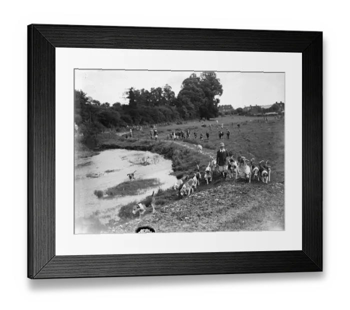 Framed Print : Otter hunt on the banks of the River Darent. 1939 Framed Print : Otter hunt on the banks of the River Darent. 1939