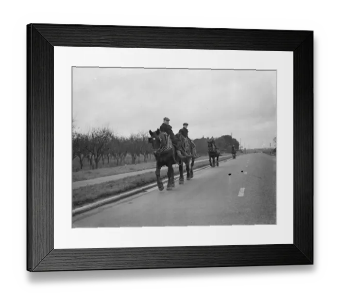 Framed Print : Farm workers on horseback, homeward bound in Farrningham, Kent. 1938 Framed Print : Farm workers on horseback, homeward bound in Farrningham, Kent. 1938