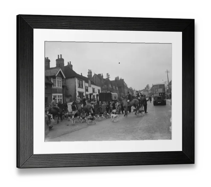 Framed Print : Hunting scenes in Bletchingley, Surrey. The hounds run through the streets ahead Framed Print : Hunting scenes in Bletchingley, Surrey. The hounds run through the streets ahead