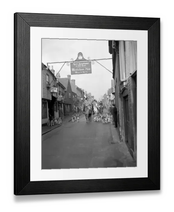 Framed Print : Moving off though the Kentish Village Old Surrey and Burstow Hunt moving off through Framed Print : Moving off though the Kentish Village Old Surrey and Burstow Hunt moving off through