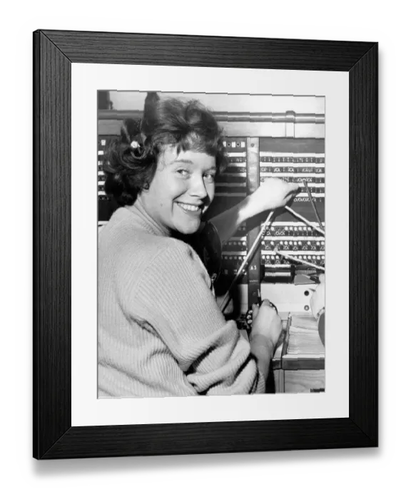 Framed Print : Testing the new exchange Miss Vilia Howe is the operator to test new Crayford Kent Framed Print : Testing the new exchange Miss Vilia Howe is the operator to test new Crayford Kent
