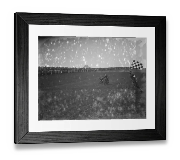 Framed Print : Motor cycling races at Brands Hatch. Two scramblers compete for the finish line Framed Print : Motor cycling races at Brands Hatch. Two scramblers compete for the finish line