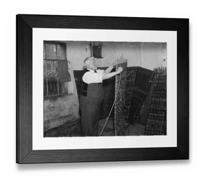 Framed Print : Howitzer mat making by Mr Hewett at Swanley Basket Works, Kent. 1938 Framed Print : Howitzer mat making by Mr Hewett at Swanley Basket Works, Kent. 1938