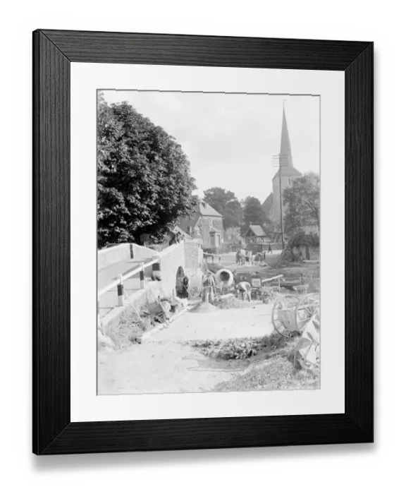 Framed Print : Workers building a ford water crossing by the Eynsford bridge over the River Darent Framed Print : Workers building a ford water crossing by the Eynsford bridge over the River Darent