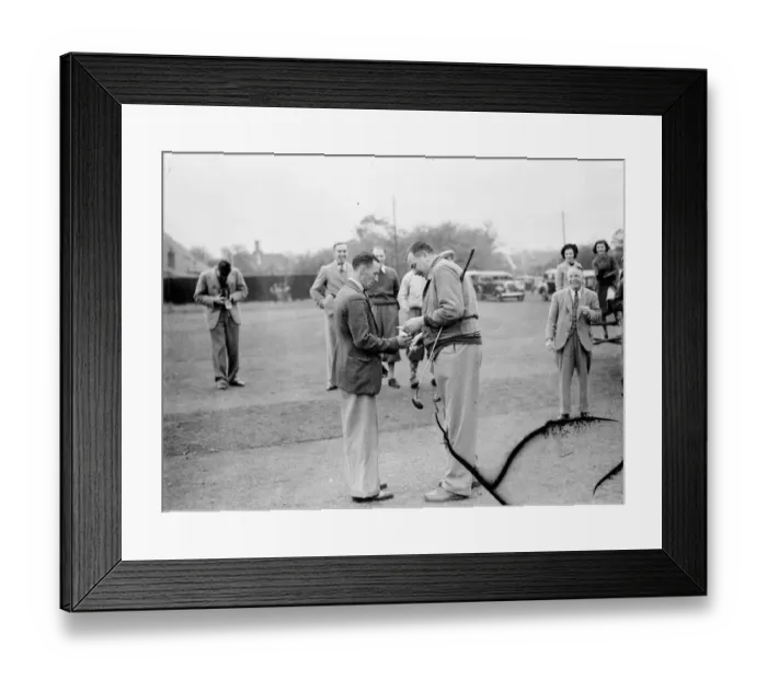 Framed Print : Sidcup Golf Clubs new captain Mr A J Barnes (right) gives a gift to his caddy W Hamer Framed Print : Sidcup Golf Clubs new captain Mr A J Barnes (right) gives a gift to his caddy W Hamer