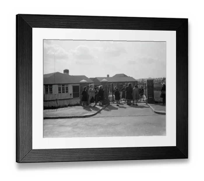 Framed Print : The opening of Blackfen Central School, Kent. External view from outside Framed Print : The opening of Blackfen Central School, Kent. External view from outside