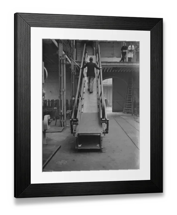 Framed Print : Sovex Ltd moving belt escalator in Erith, London. 4 April 1939 Framed Print : Sovex Ltd moving belt escalator in Erith, London. 4 April 1939