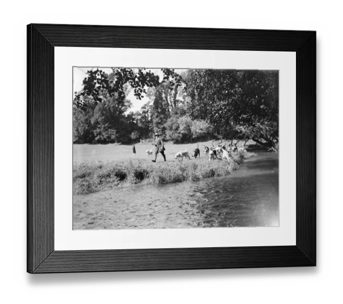Framed Print : Otter hunt on the banks of the River Darent. 1939 Framed Print : Otter hunt on the banks of the River Darent. 1939