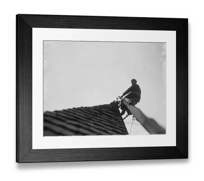 Framed Print : Man working up on the steeple of North Cray Church, Kent. 1936