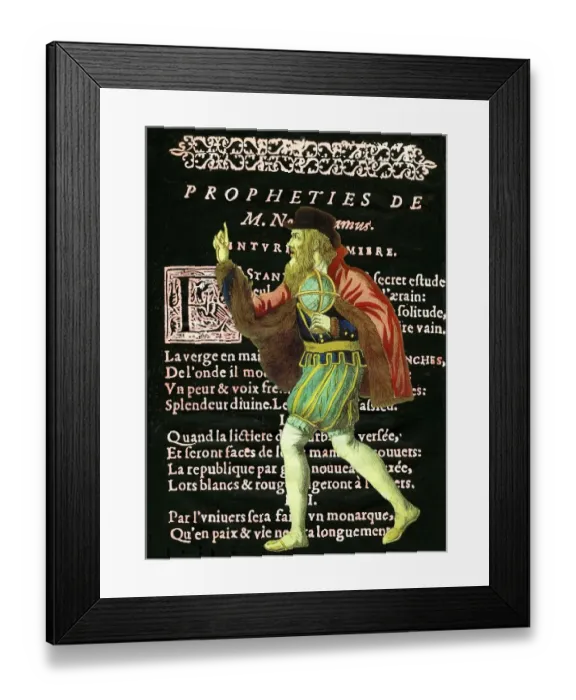 Framed Print : Varittion on the 1808 Epinal portrait, with Nostradamus placed over the opening page Framed Print : Varittion on the 1808 Epinal portrait, with Nostradamus placed over the opening page