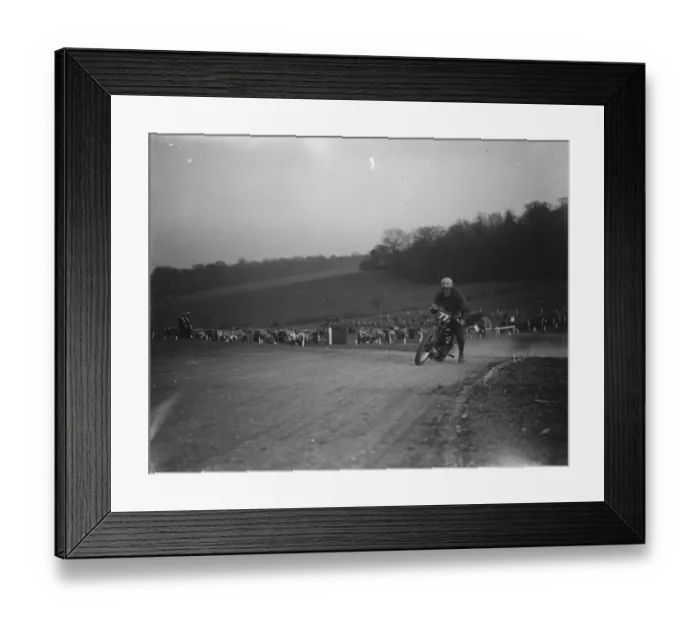 Framed Print : Motor cycling races at Brands Hatch on Easter Sunday. W C Lock on a scramblers take Framed Print : Motor cycling races at Brands Hatch on Easter Sunday. W C Lock on a scramblers take