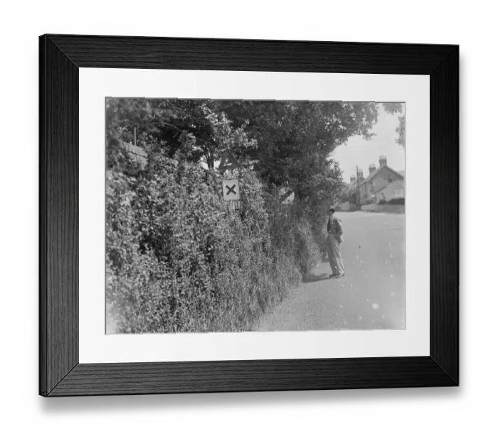 Framed Print : Road signs obscured by the over grown hedges in Farningham, Kent. 1937