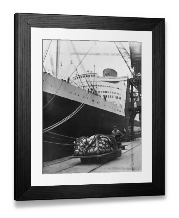 Framed Print : Dockers at Southampton were busy unloading a valuable cargo from the 85, 000 ton liner Framed Print : Dockers at Southampton were busy unloading a valuable cargo from the 85, 000 ton liner