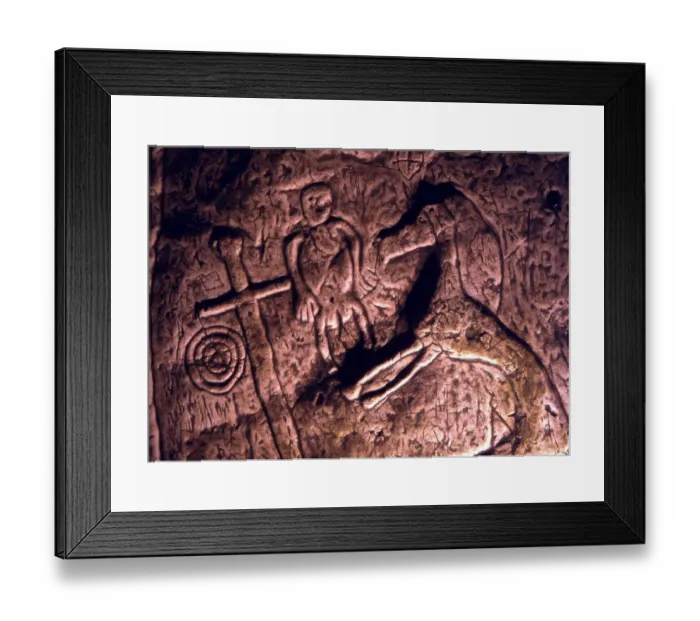 Framed Print : CAVE ART- TEMPLAR CAVE, ROYSTON Bas-relief image of a prancing horse, sword and various Framed Print : CAVE ART- TEMPLAR CAVE, ROYSTON Bas-relief image of a prancing horse, sword and various