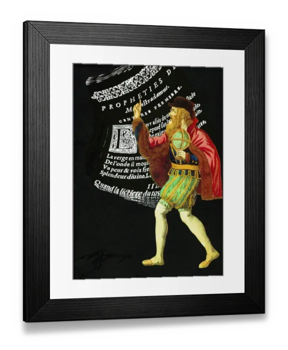 Framed Print : Vartiation on the Epinal portrait, with Nostradamus against a distorted image of Framed Print : Vartiation on the Epinal portrait, with Nostradamus against a distorted image of