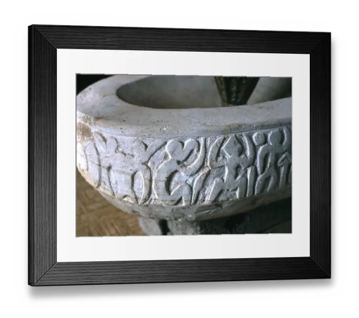 Framed Print : Easter Island - Birdman cult - Birdman carvings on the Christian baptismal font in Framed Print : Easter Island - Birdman cult - Birdman carvings on the Christian baptismal font in