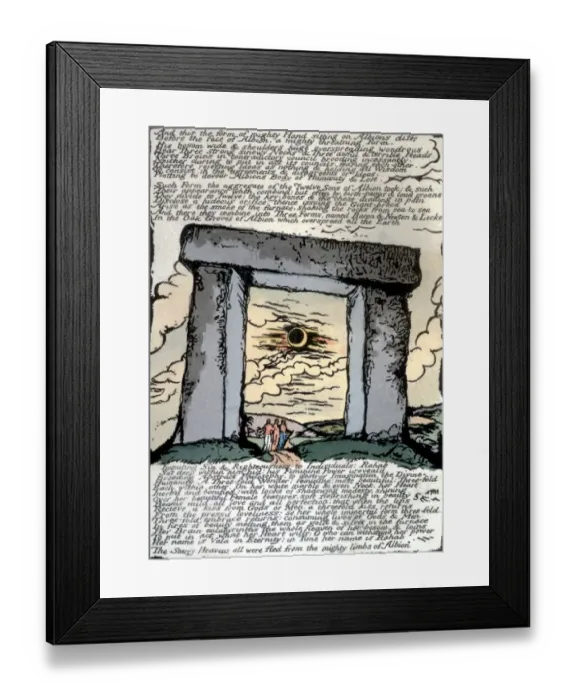 Framed Print : Solar eclipse viewed through the trilithon portals of Stonehenge, the three monoliths