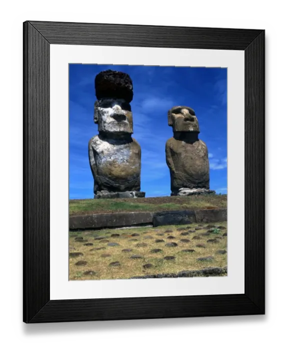 Framed Print : Easter Island - The raised upright giant statues below the ancient volcanic quarry