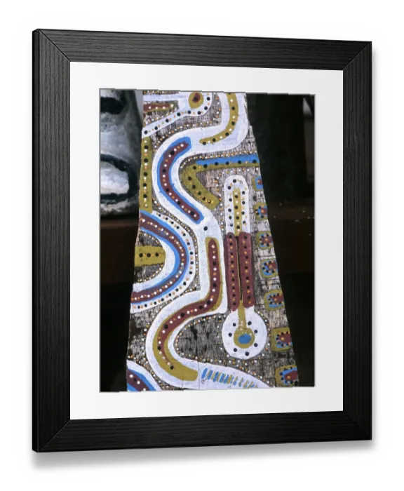 Framed Print : POLYNESIAN MYTHOLOGY Polynesian wood painting displayed on the roadside, Tahiti