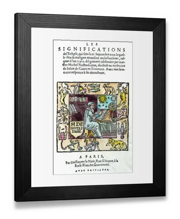 Framed Print : Portrait of Nostradamus, seated at his desk, within a rectangular surround decorated Framed Print : Portrait of Nostradamus, seated at his desk, within a rectangular surround decorated