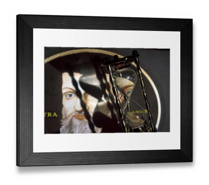 Framed Print : NOSTRADAMUS - Fantasy portrait of Nostradamus with hour-glass