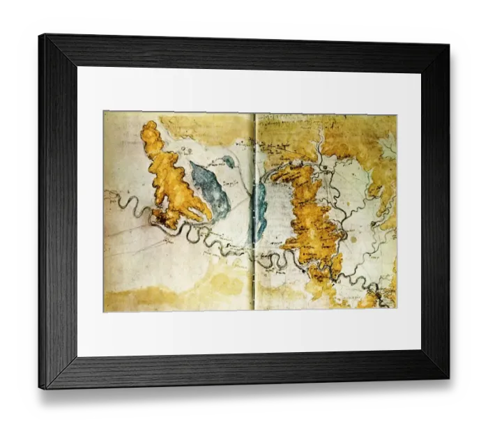 Framed Print : Leonardos map of Tuscany, showing possible canal routes between Florence and Pistoia Framed Print : Leonardos map of Tuscany, showing possible canal routes between Florence and Pistoia