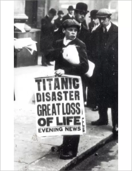 A newspaper boy spreads the news of the sinking of the Titanic to bystanders outside
