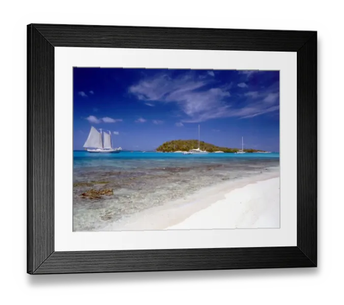 Framed Print : TROPICAL ISLANDS Palm Island, in the Grenadines of te west Indies. Beach and boats