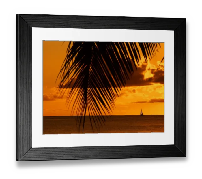Framed Print : T4. 01 West Indies. Antigua. Sunset with palms and boat