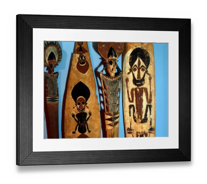 Framed Print : POLYNESIAN MYTHOLOGY Wooden paddles, painted with traditional figures. From