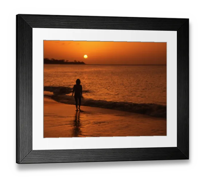 Framed Print : Sunset with girl silhouette, on tropical beach Framed Print : Sunset with girl silhouette, on tropical beach