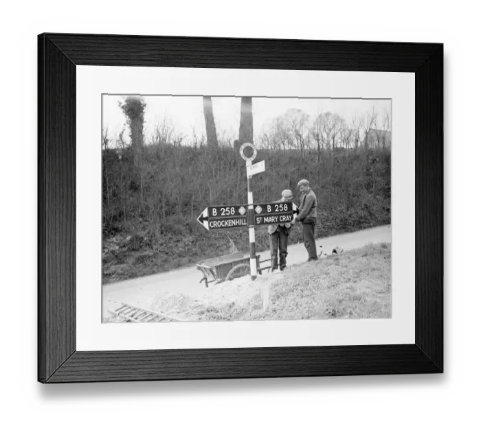 Framed Print : Workmen putting up an RAC secondary road sign on the B258. 1938 Framed Print : Workmen putting up an RAC secondary road sign on the B258. 1938
