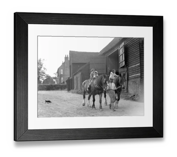 Framed Print : Farm scene: children on horses in the evening. 1934 Framed Print : Farm scene: children on horses in the evening. 1934