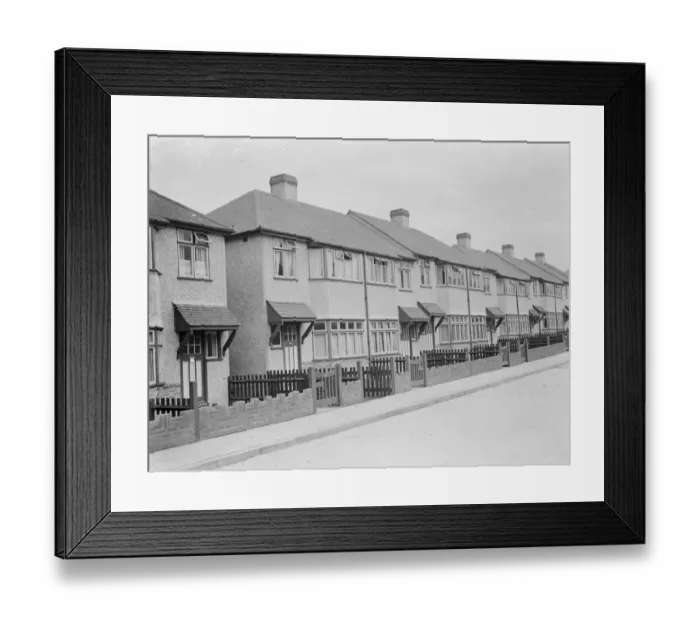 Framed Print : Semi detached houses on Savoy Road in Dartford, Kent. 1939 Framed Print : Semi detached houses on Savoy Road in Dartford, Kent. 1939