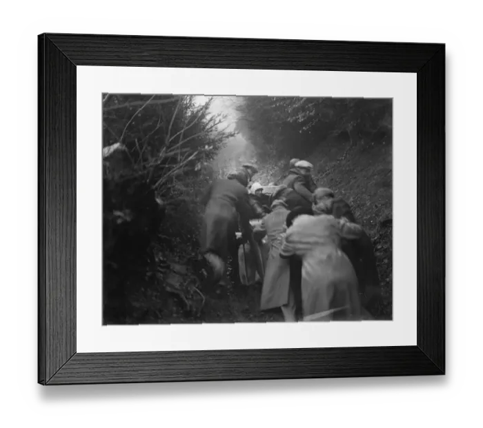 Framed Print : The car trials in Wrotham, Kent. One of the drivers gets a helping hand. 1939 Framed Print : The car trials in Wrotham, Kent. One of the drivers gets a helping hand. 1939
